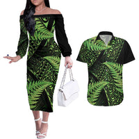 New Zealand Rugby Pacific Personalised Couples Matching Off The Shoulder Long Sleeve Dress and Hawaiian Shirt All Lime Maori Pasifika Fern Pattern