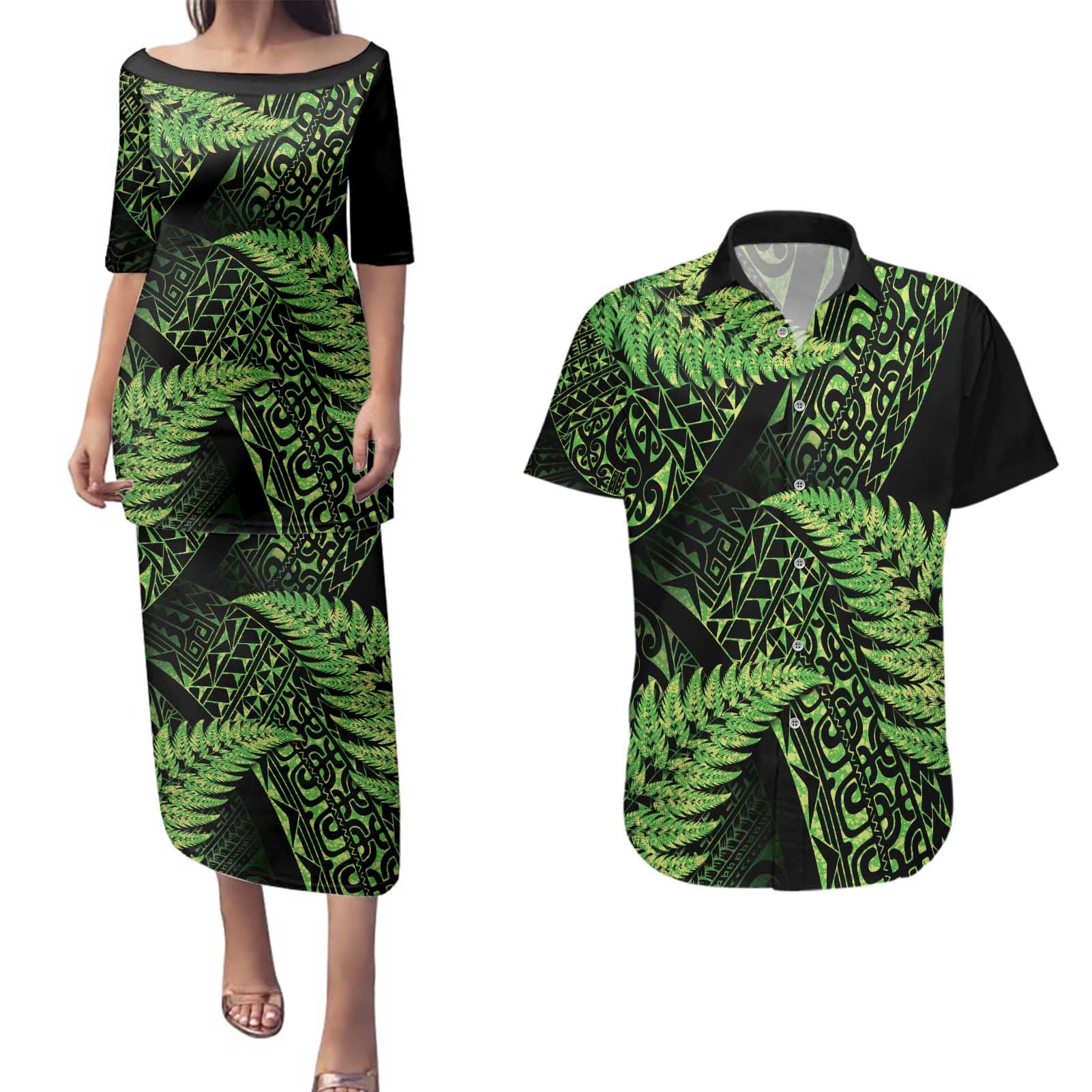 New Zealand Rugby Pacific Personalised Couples Matching Puletasi and Hawaiian Shirt All Lime Maori Pasifika Fern Pattern