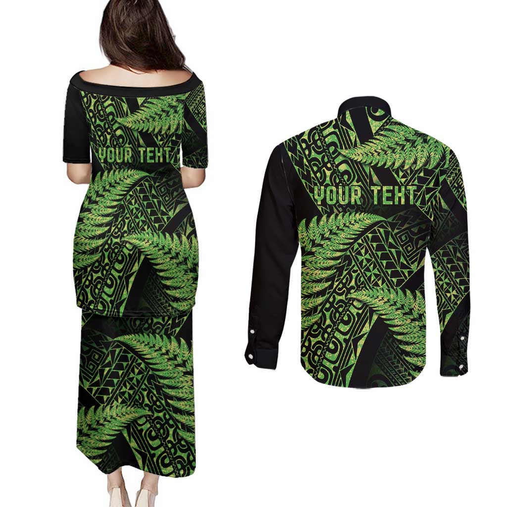 New Zealand Rugby Pacific Personalised Couples Matching Puletasi and Long Sleeve Button Shirt All Lime Maori Pasifika Fern Pattern