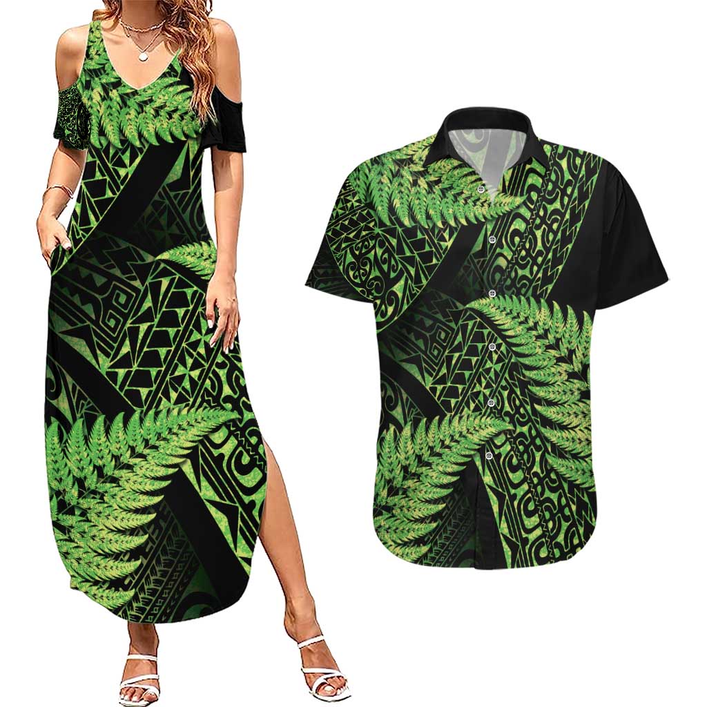 New Zealand Rugby Pacific Personalised Couples Matching Summer Maxi Dress and Hawaiian Shirt All Lime Maori Pasifika Fern Pattern