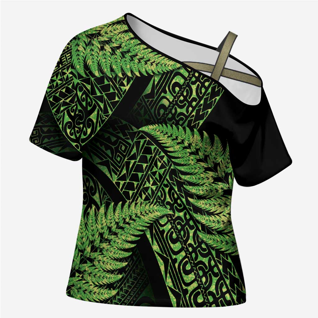 New Zealand Rugby Pacific Personalised Cross Shoulder Shirt All Lime Maori Pasifika Fern Pattern - Polynesian Pride