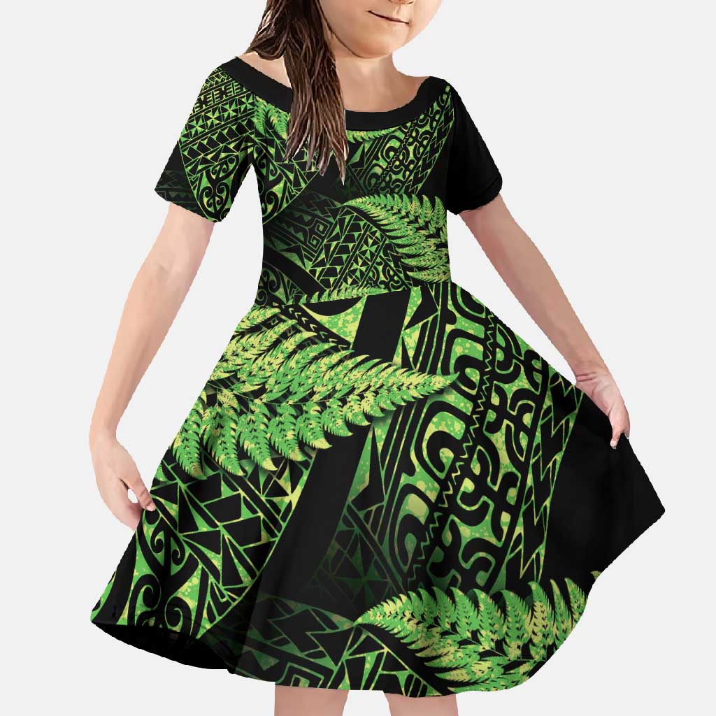New Zealand Rugby Pacific Personalised Family Matching Long Sleeve Bodycon Dress and Hawaiian Shirt All Lime Maori Pasifika Fern Pattern
