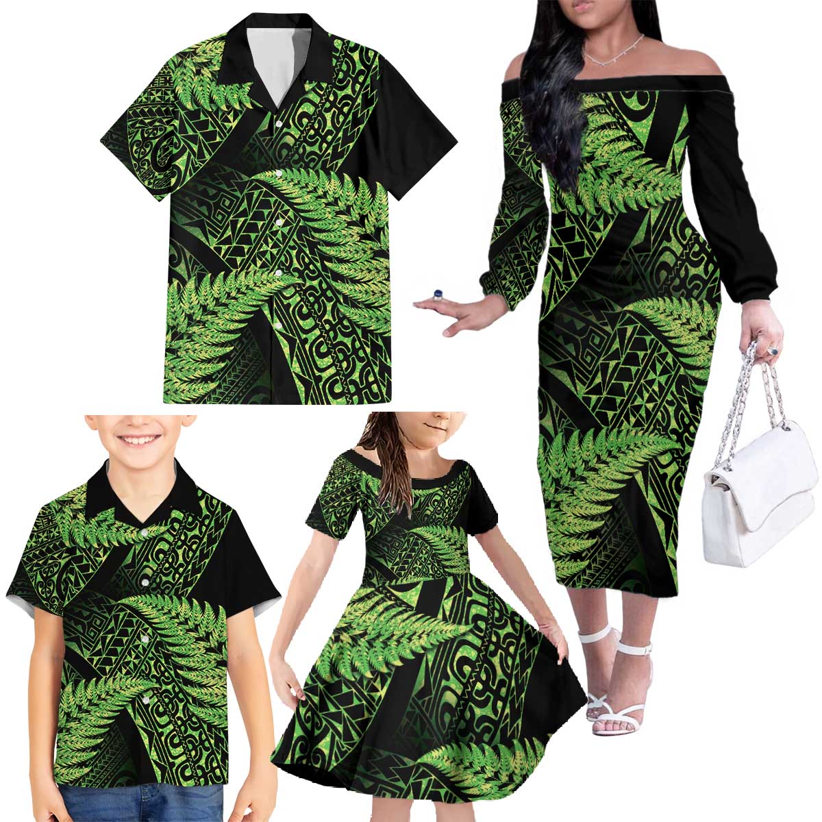 New Zealand Rugby Pacific Personalised Family Matching Off The Shoulder Long Sleeve Dress and Hawaiian Shirt All Lime Maori Pasifika Fern Pattern