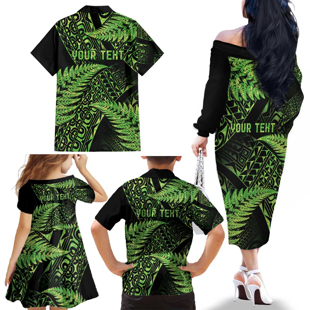 New Zealand Rugby Pacific Personalised Family Matching Off The Shoulder Long Sleeve Dress and Hawaiian Shirt All Lime Maori Pasifika Fern Pattern