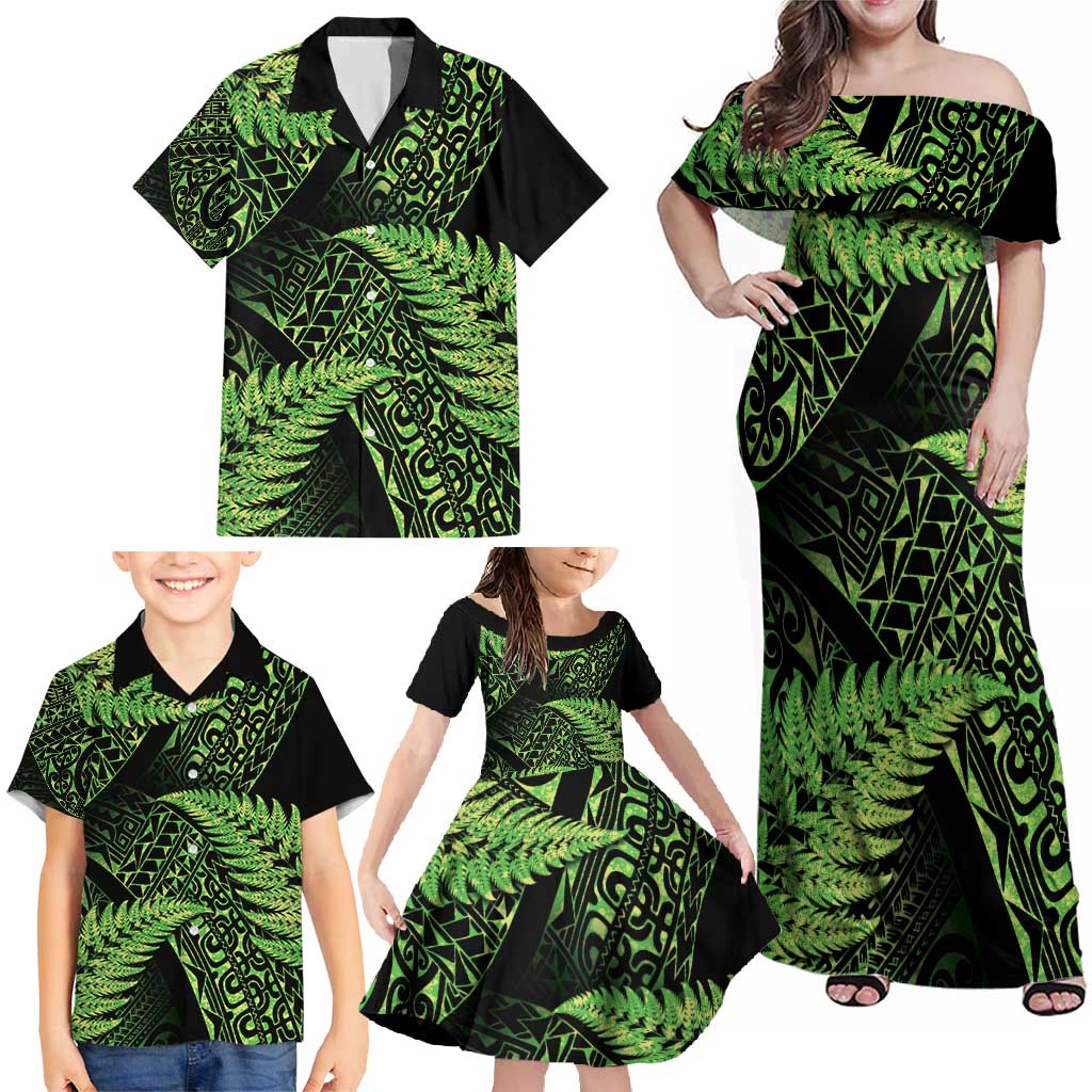 New Zealand Rugby Pacific Personalised Family Matching Off Shoulder Maxi Dress and Hawaiian Shirt All Lime Maori Pasifika Fern Pattern