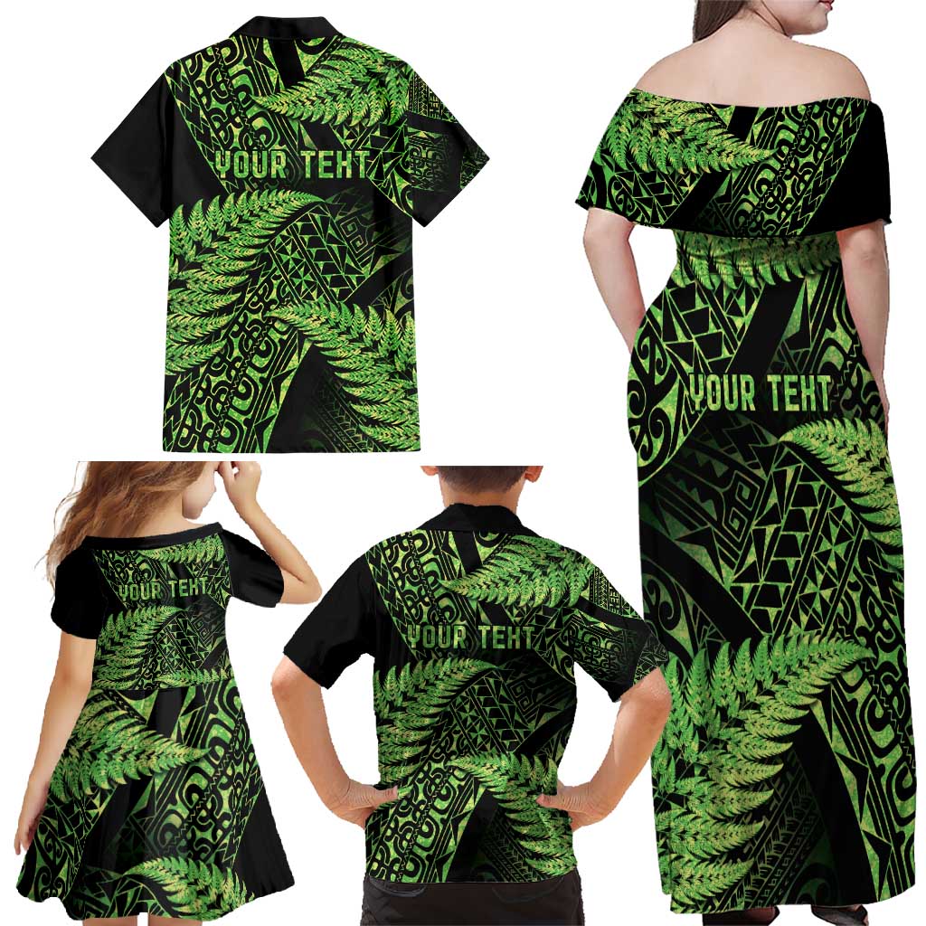 New Zealand Rugby Pacific Personalised Family Matching Off Shoulder Maxi Dress and Hawaiian Shirt All Lime Maori Pasifika Fern Pattern