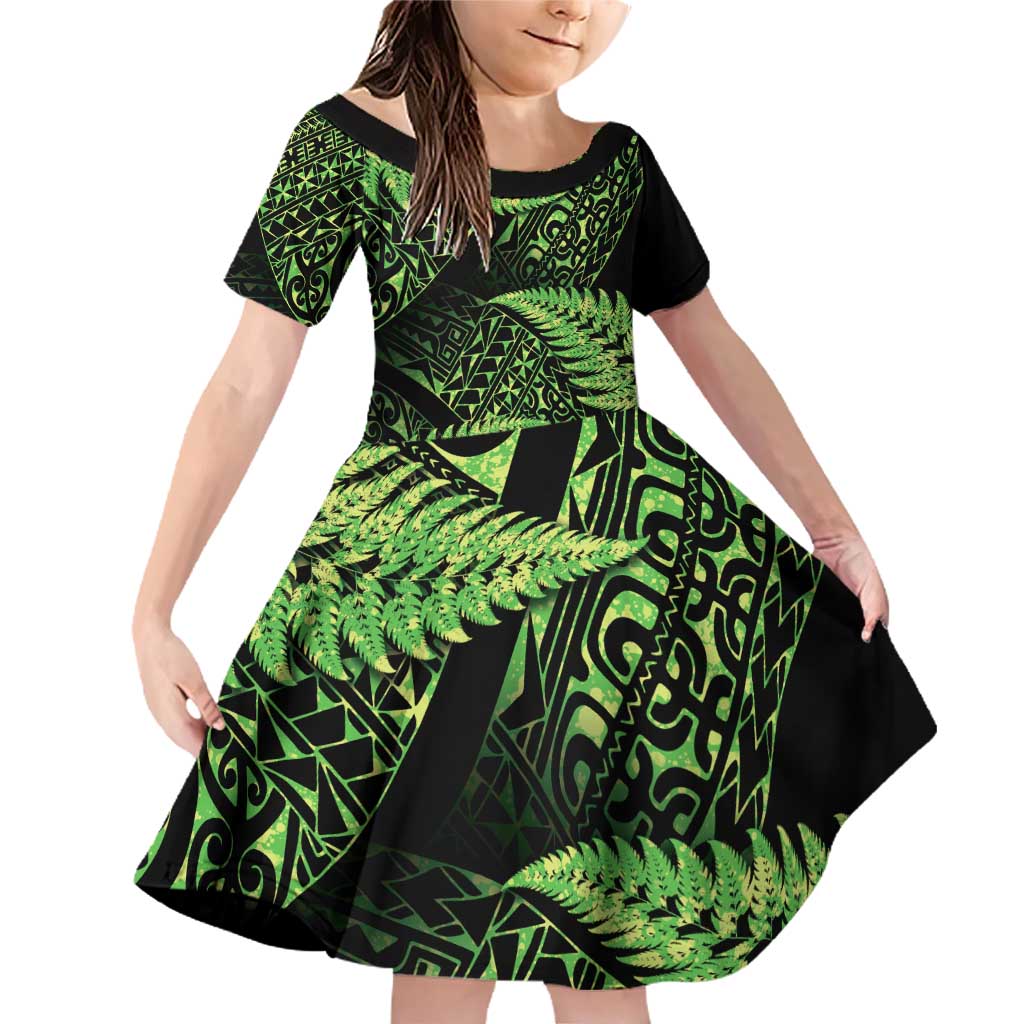 New Zealand Rugby Pacific Personalised Family Matching Off Shoulder Short Dress and Hawaiian Shirt All Lime Maori Pasifika Fern Pattern