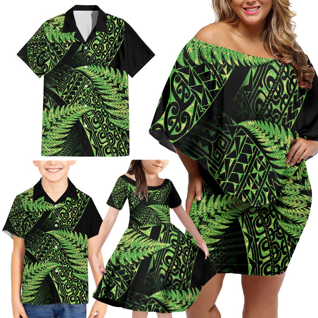 New Zealand Rugby Pacific Personalised Family Matching Off Shoulder Short Dress and Hawaiian Shirt All Lime Maori Pasifika Fern Pattern