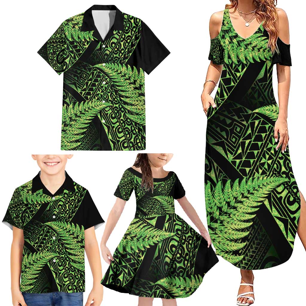 New Zealand Rugby Pacific Personalised Family Matching Summer Maxi Dress and Hawaiian Shirt All Lime Maori Pasifika Fern Pattern