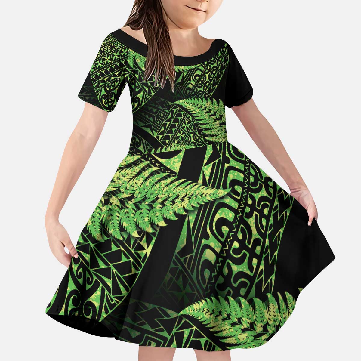 New Zealand Rugby Pacific Personalised Kid Short Sleeve Dress All Lime Maori Pasifika Fern Pattern
