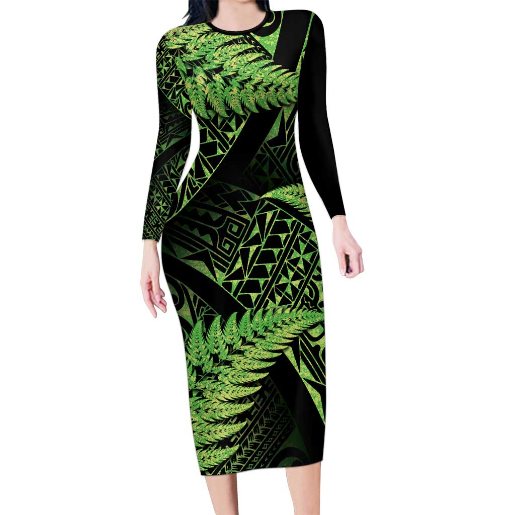 New Zealand Rugby Pacific Personalised Long Sleeve Bodycon Dress All Lime Maori Pasifika Fern Pattern
