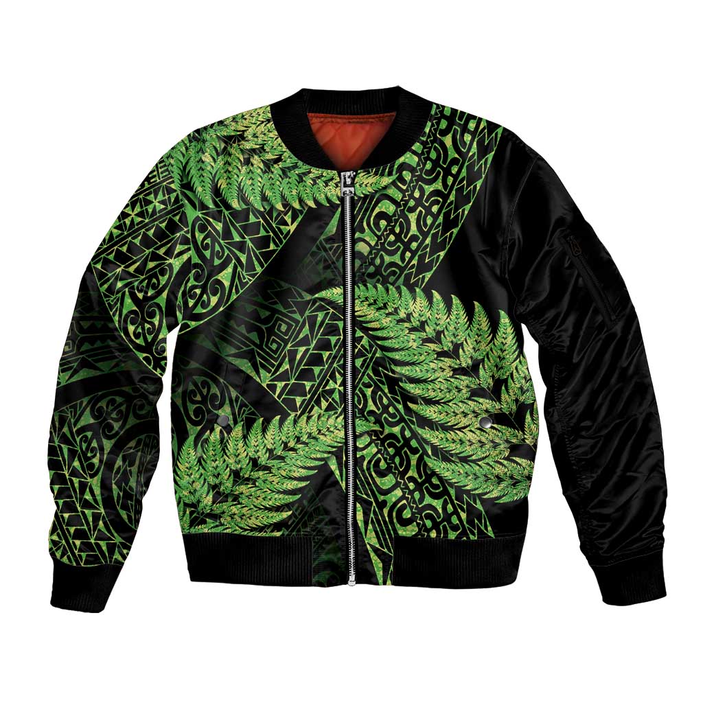 New Zealand Rugby Pacific Personalised Sleeve Zip Bomber Jacket All Lime Maori Pasifika Fern Pattern
