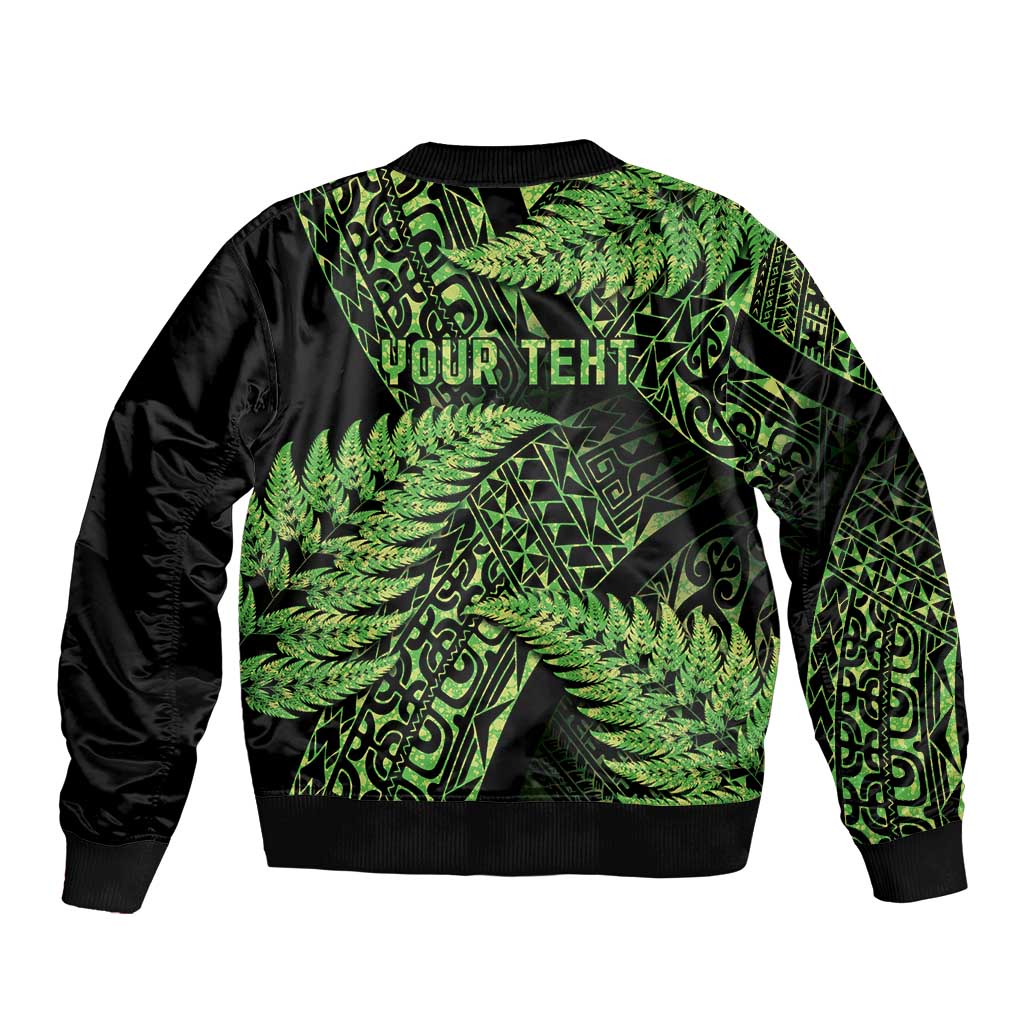 New Zealand Rugby Pacific Personalised Sleeve Zip Bomber Jacket All Lime Maori Pasifika Fern Pattern