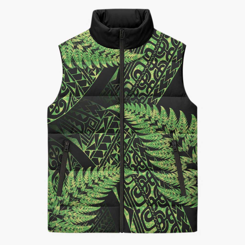 New Zealand Rugby Pacific Personalised Sleeveless Puffer Jacket All Lime Maori Pasifika Fern Pattern - Polynesian Pride