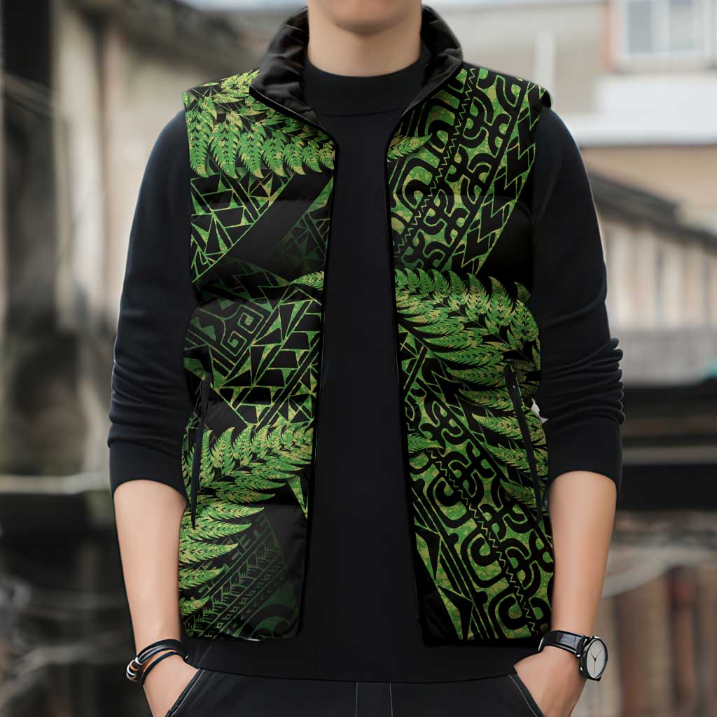 New Zealand Rugby Pacific Personalised Sleeveless Puffer Jacket All Lime Maori Pasifika Fern Pattern - Polynesian Pride