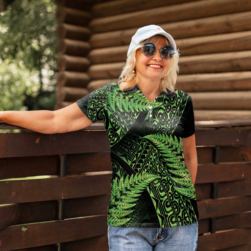 New Zealand Rugby Pacific Personalised Women Polo Shirt All Lime Maori Pasifika Fern Pattern