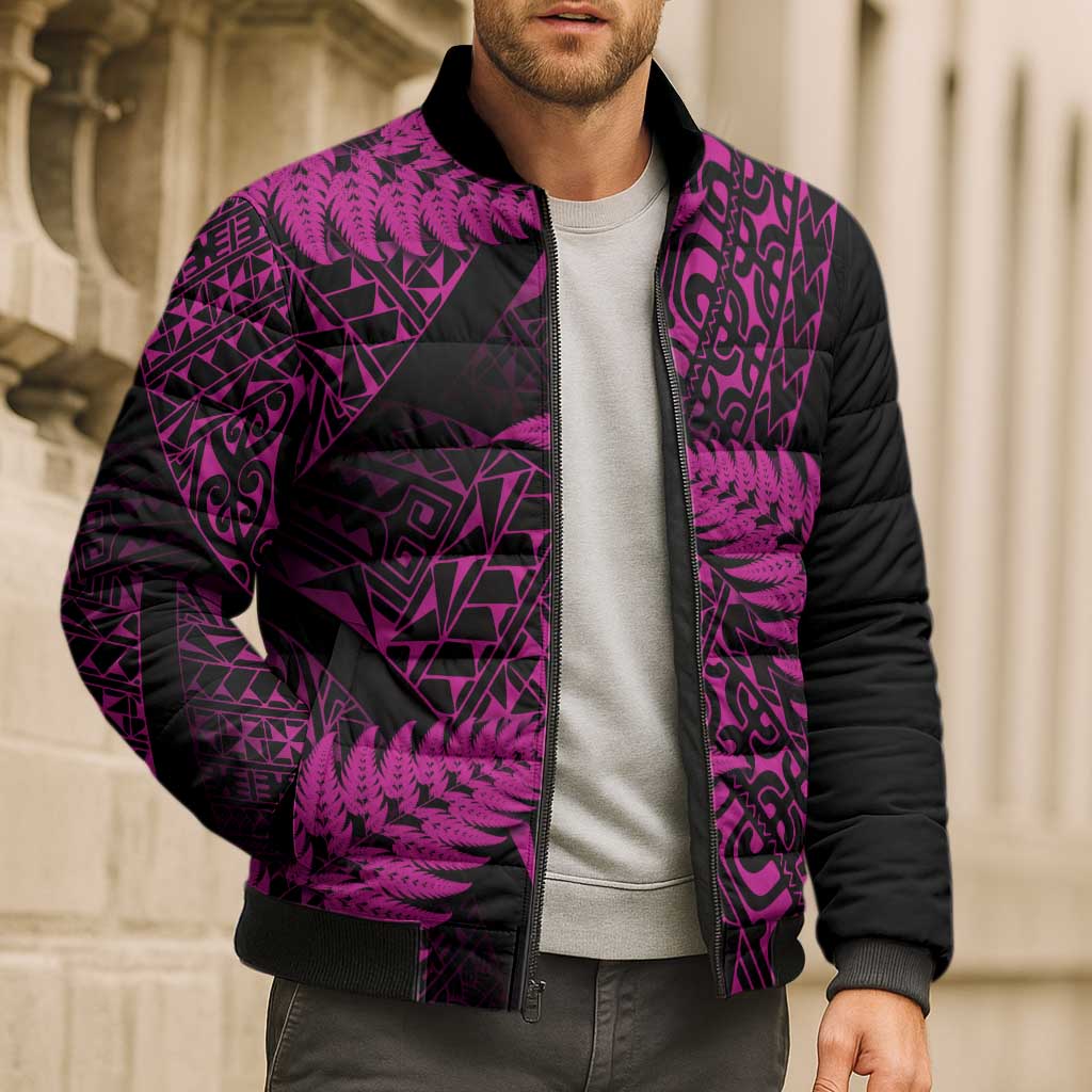 New Zealand Rugby Pacific Personalised Bomber Puffer Jacket All Pink Maori Pasifika Fern Pattern - Polynesian Pride