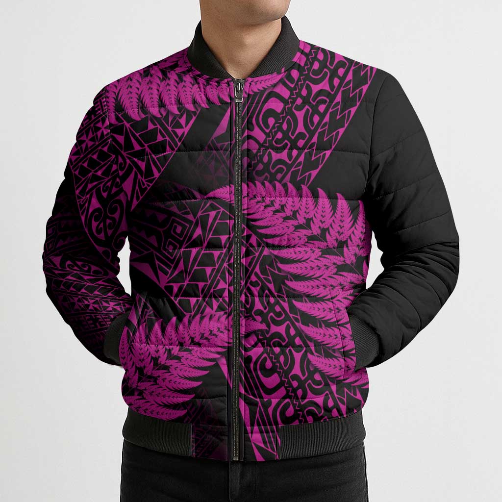 New Zealand Rugby Pacific Personalised Bomber Puffer Jacket All Pink Maori Pasifika Fern Pattern - Polynesian Pride