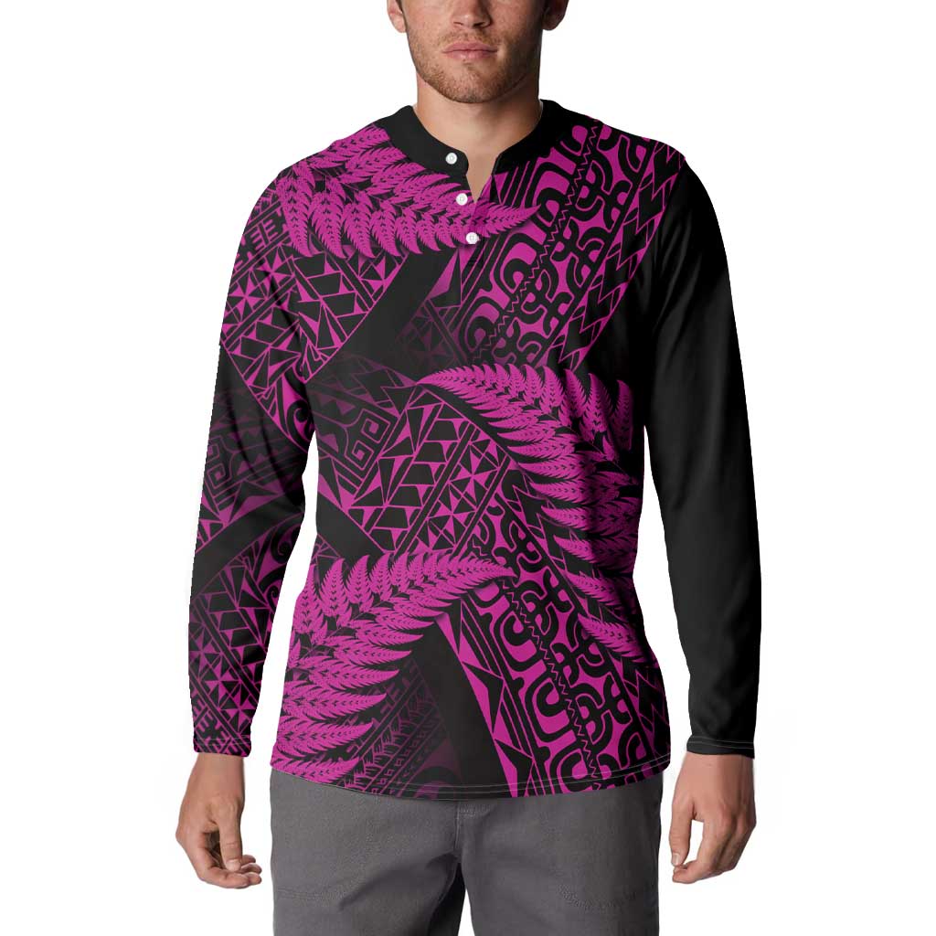 New Zealand Rugby Pacific Personalised Button Sweatshirt All Pink Maori Pasifika Fern Pattern