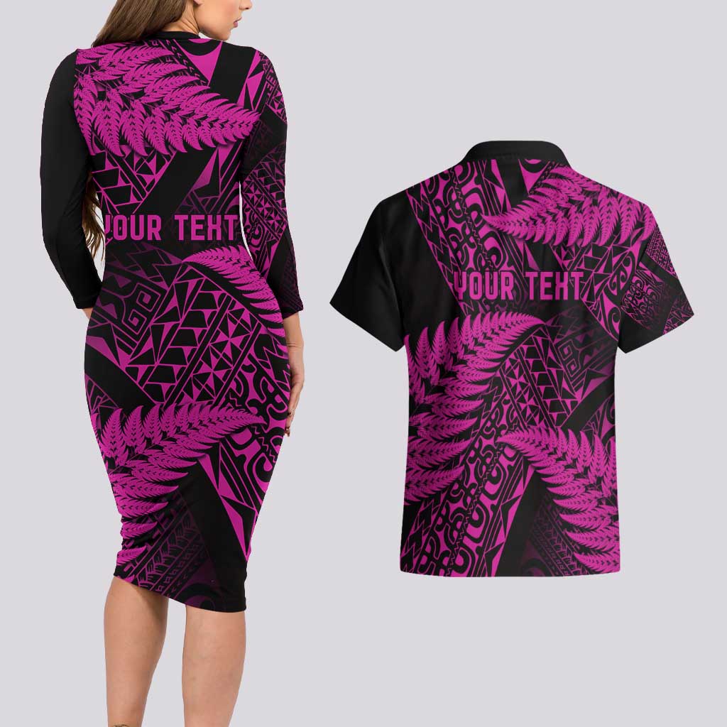 New Zealand Rugby Pacific Personalised Couples Matching Long Sleeve Bodycon Dress and Hawaiian Shirt All Pink Maori Pasifika Fern Pattern