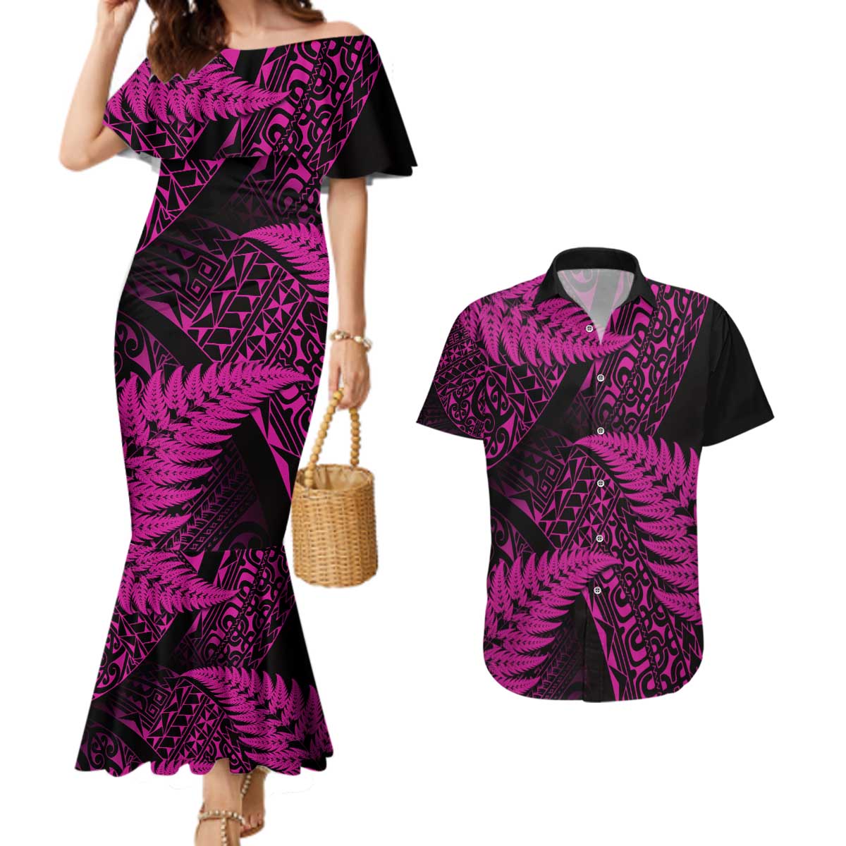 New Zealand Rugby Pacific Personalised Couples Matching Mermaid Dress and Hawaiian Shirt All Pink Maori Pasifika Fern Pattern