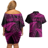 New Zealand Rugby Pacific Personalised Couples Matching Off Shoulder Short Dress and Hawaiian Shirt All Pink Maori Pasifika Fern Pattern