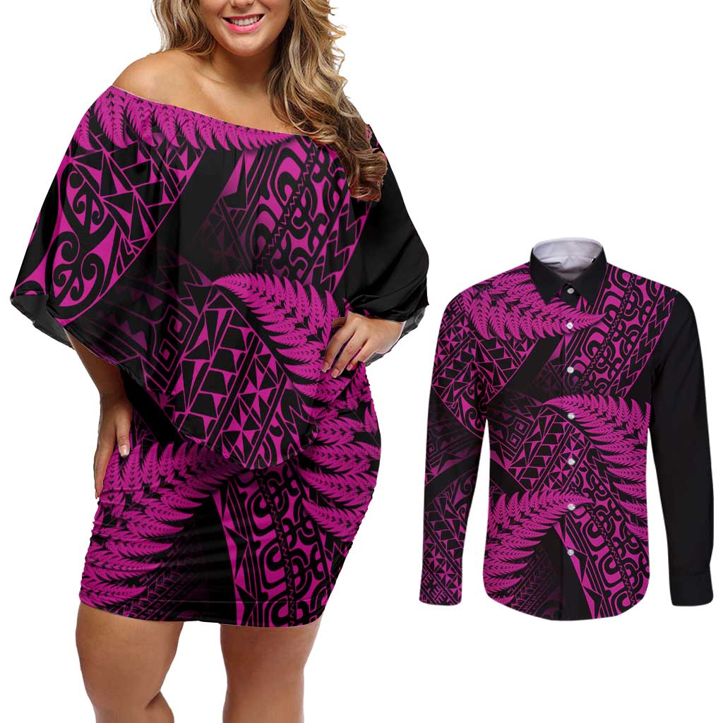 New Zealand Rugby Pacific Personalised Couples Matching Off Shoulder Short Dress and Long Sleeve Button Shirt All Pink Maori Pasifika Fern Pattern