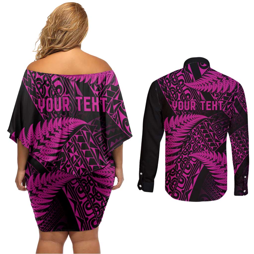 New Zealand Rugby Pacific Personalised Couples Matching Off Shoulder Short Dress and Long Sleeve Button Shirt All Pink Maori Pasifika Fern Pattern