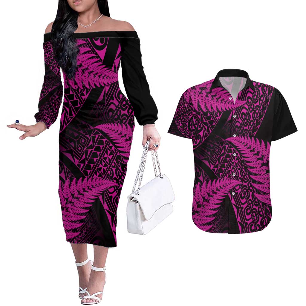 New Zealand Rugby Pacific Personalised Couples Matching Off The Shoulder Long Sleeve Dress and Hawaiian Shirt All Pink Maori Pasifika Fern Pattern