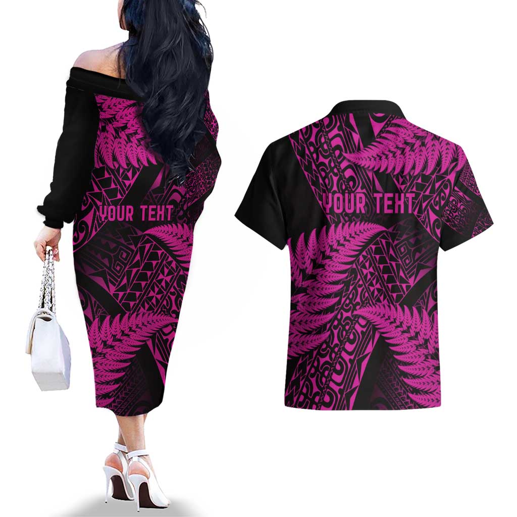 New Zealand Rugby Pacific Personalised Couples Matching Off The Shoulder Long Sleeve Dress and Hawaiian Shirt All Pink Maori Pasifika Fern Pattern