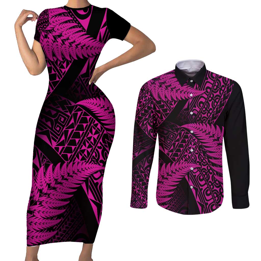 New Zealand Rugby Pacific Personalised Couples Matching Short Sleeve Bodycon Dress and Long Sleeve Button Shirt All Pink Maori Pasifika Fern Pattern