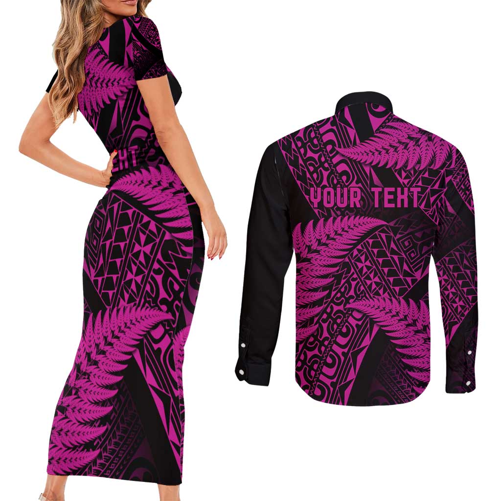 New Zealand Rugby Pacific Personalised Couples Matching Short Sleeve Bodycon Dress and Long Sleeve Button Shirt All Pink Maori Pasifika Fern Pattern