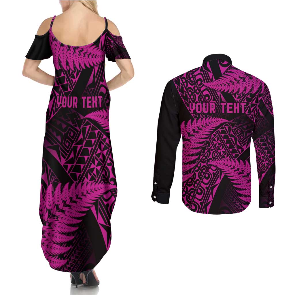 New Zealand Rugby Pacific Personalised Couples Matching Summer Maxi Dress and Long Sleeve Button Shirt All Pink Maori Pasifika Fern Pattern