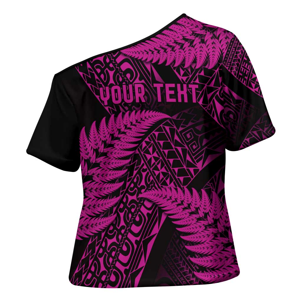 New Zealand Rugby Pacific Personalised Cross Shoulder Shirt All Pink Maori Pasifika Fern Pattern - Polynesian Pride
