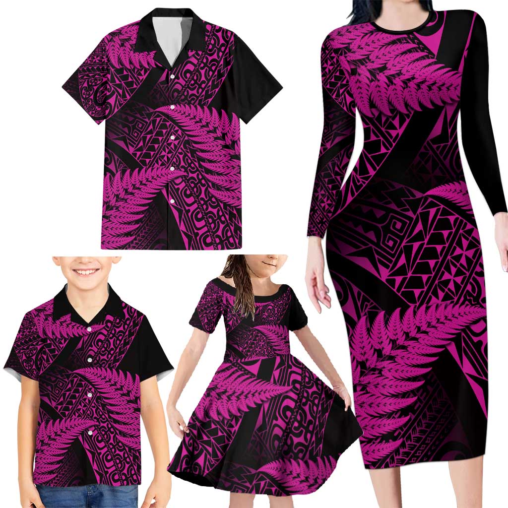 New Zealand Rugby Pacific Personalised Family Matching Long Sleeve Bodycon Dress and Hawaiian Shirt All Pink Maori Pasifika Fern Pattern