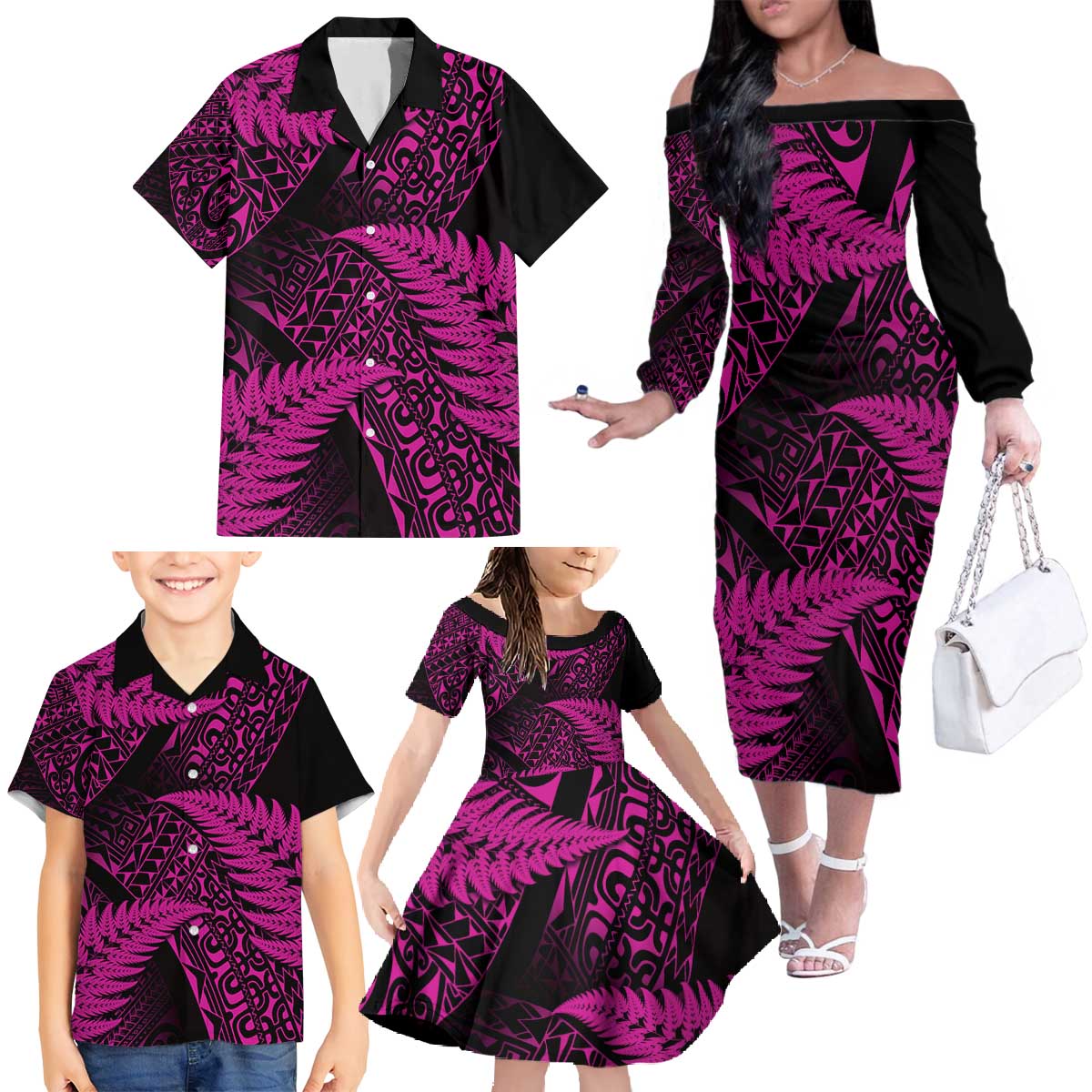 New Zealand Rugby Pacific Personalised Family Matching Off The Shoulder Long Sleeve Dress and Hawaiian Shirt All Pink Maori Pasifika Fern Pattern