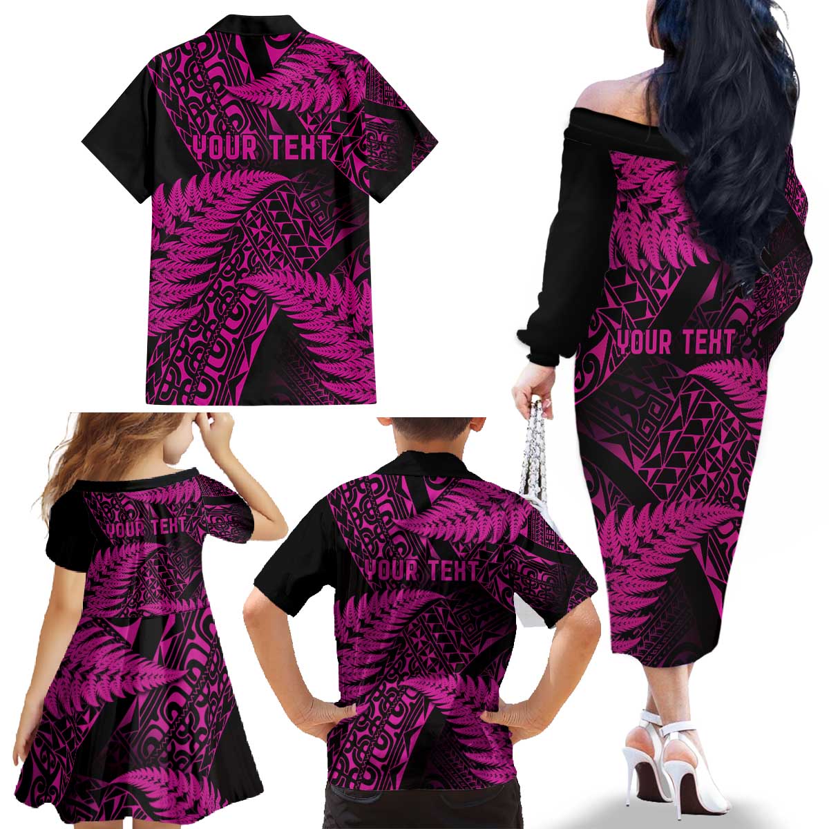 New Zealand Rugby Pacific Personalised Family Matching Off The Shoulder Long Sleeve Dress and Hawaiian Shirt All Pink Maori Pasifika Fern Pattern
