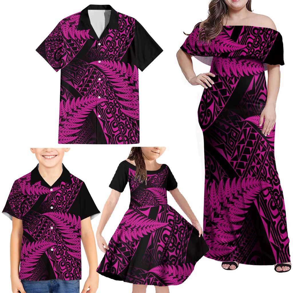 New Zealand Rugby Pacific Personalised Family Matching Off Shoulder Maxi Dress and Hawaiian Shirt All Pink Maori Pasifika Fern Pattern