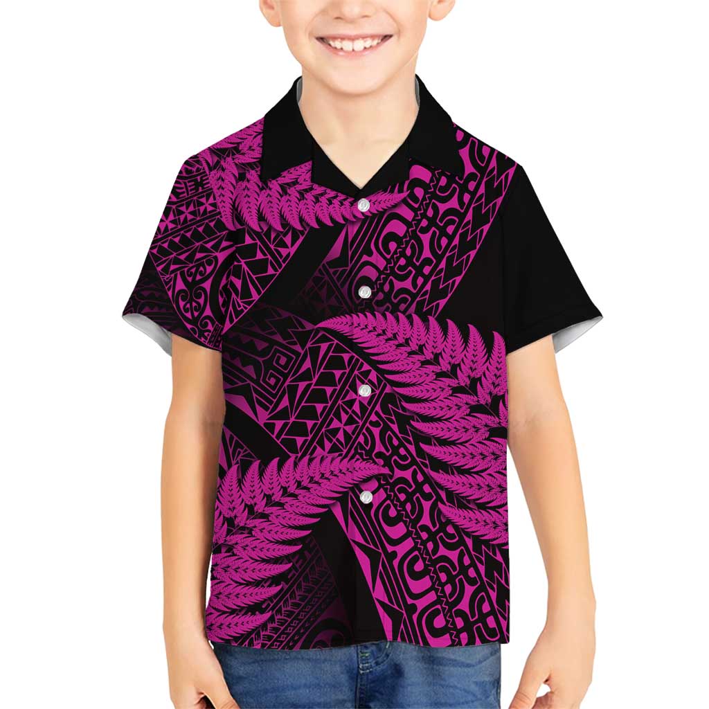 New Zealand Rugby Pacific Personalised Family Matching Off Shoulder Short Dress and Hawaiian Shirt All Pink Maori Pasifika Fern Pattern