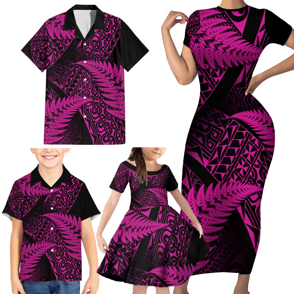 New Zealand Rugby Pacific Personalised Family Matching Short Sleeve Bodycon Dress and Hawaiian Shirt All Pink Maori Pasifika Fern Pattern
