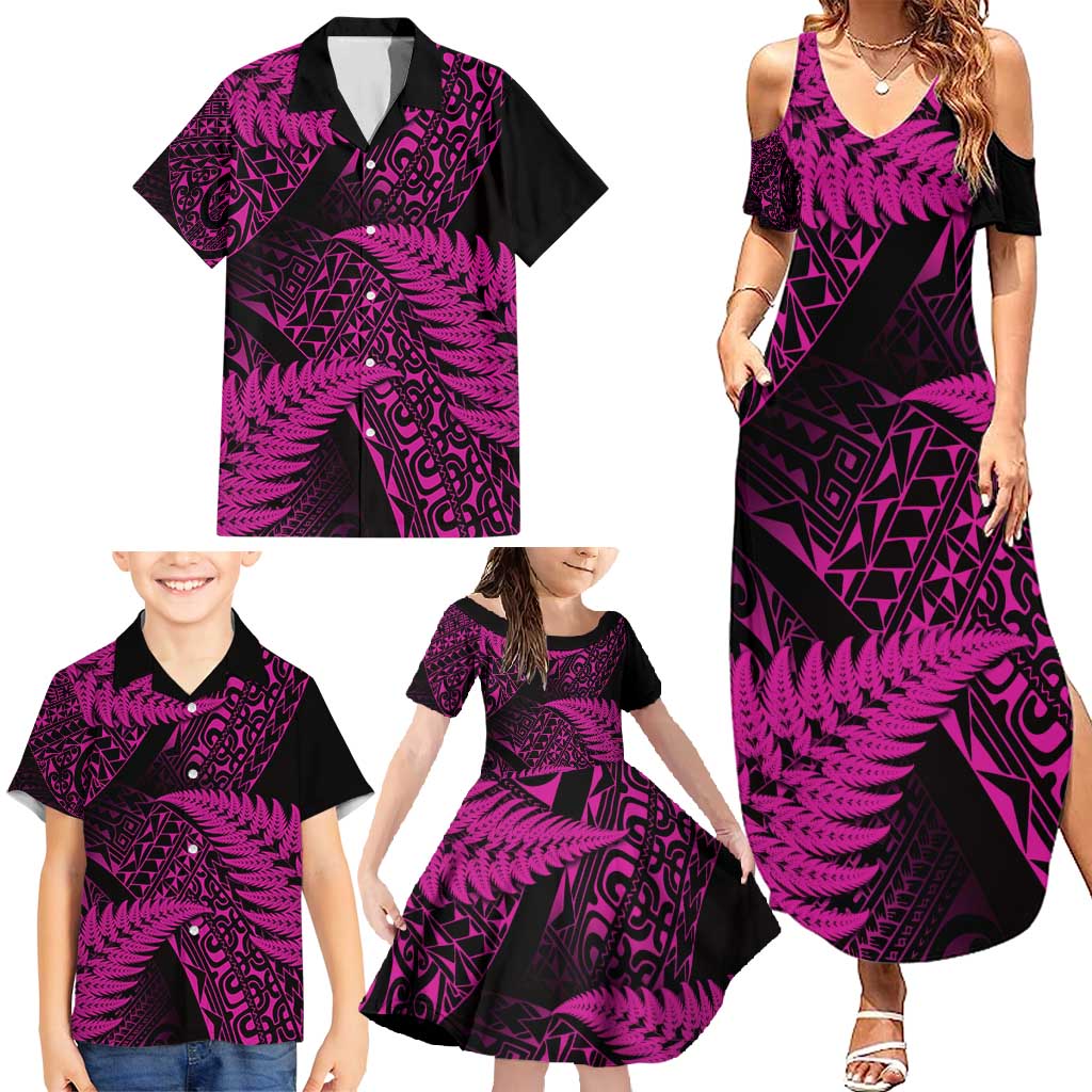 New Zealand Rugby Pacific Personalised Family Matching Summer Maxi Dress and Hawaiian Shirt All Pink Maori Pasifika Fern Pattern