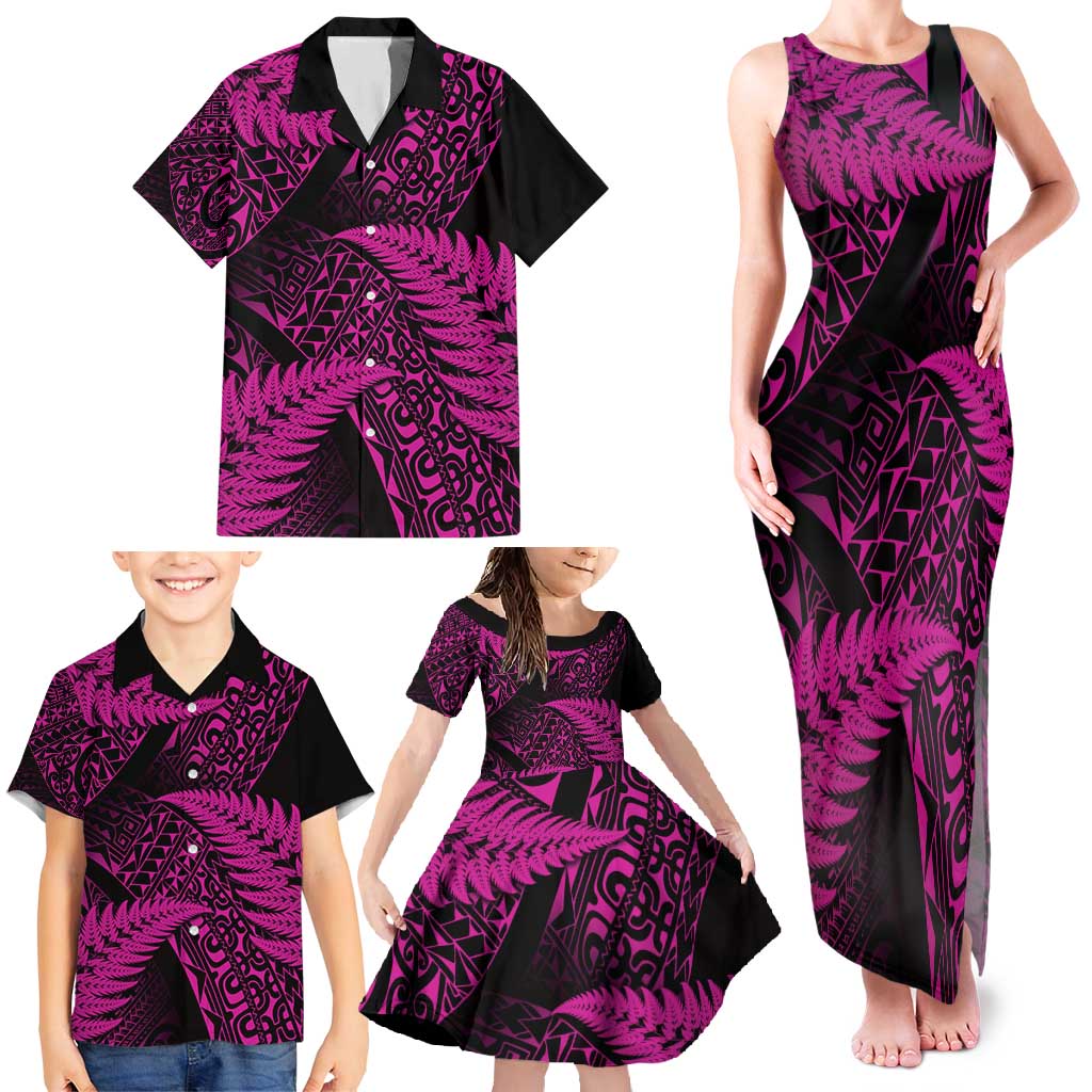 New Zealand Rugby Pacific Personalised Family Matching Tank Maxi Dress and Hawaiian Shirt All Pink Maori Pasifika Fern Pattern