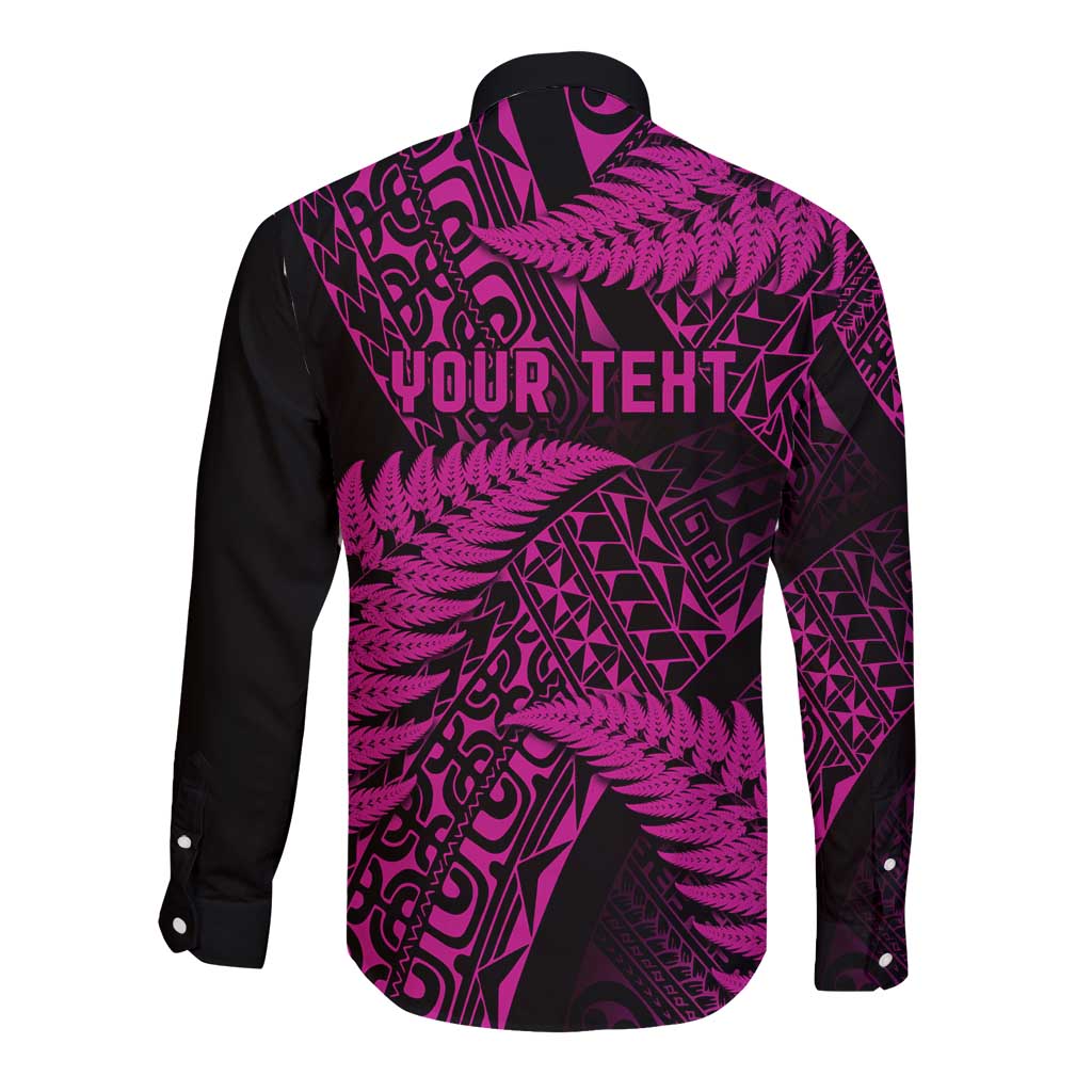 New Zealand Rugby Pacific Personalised Long Sleeve Button Shirt All Pink Maori Pasifika Fern Pattern