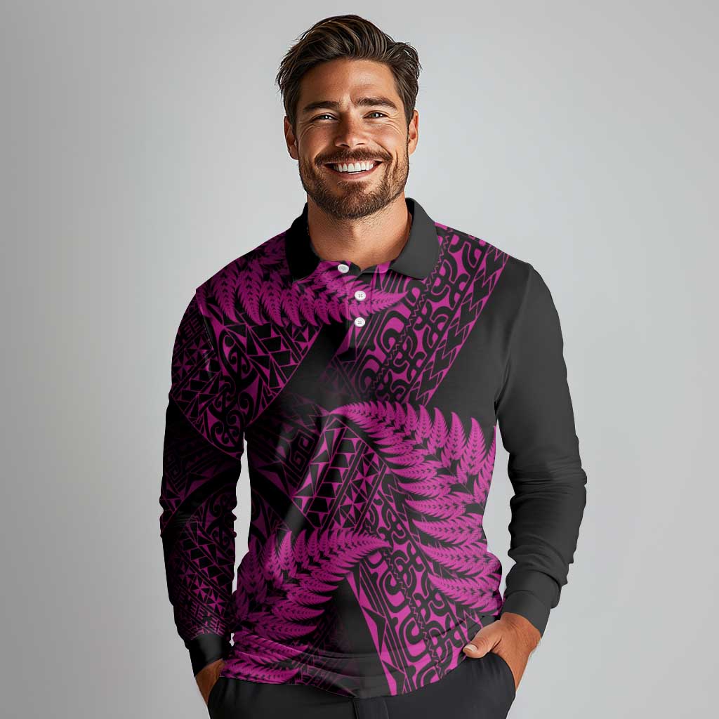 New Zealand Rugby Pacific Personalised Long Sleeve Polo Shirt All Pink Maori Pasifika Fern Pattern