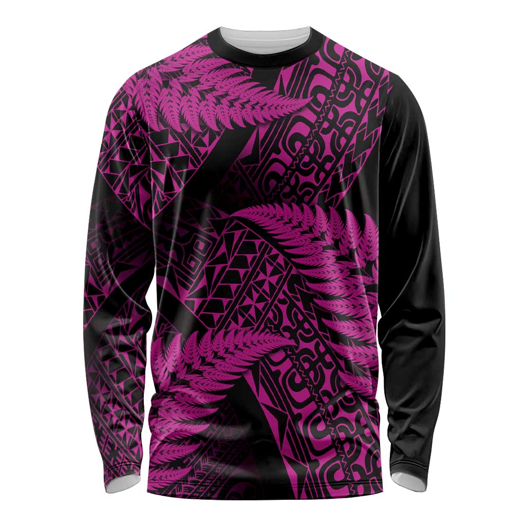 New Zealand Rugby Pacific Personalised Long Sleeve Shirt All Pink Maori Pasifika Fern Pattern