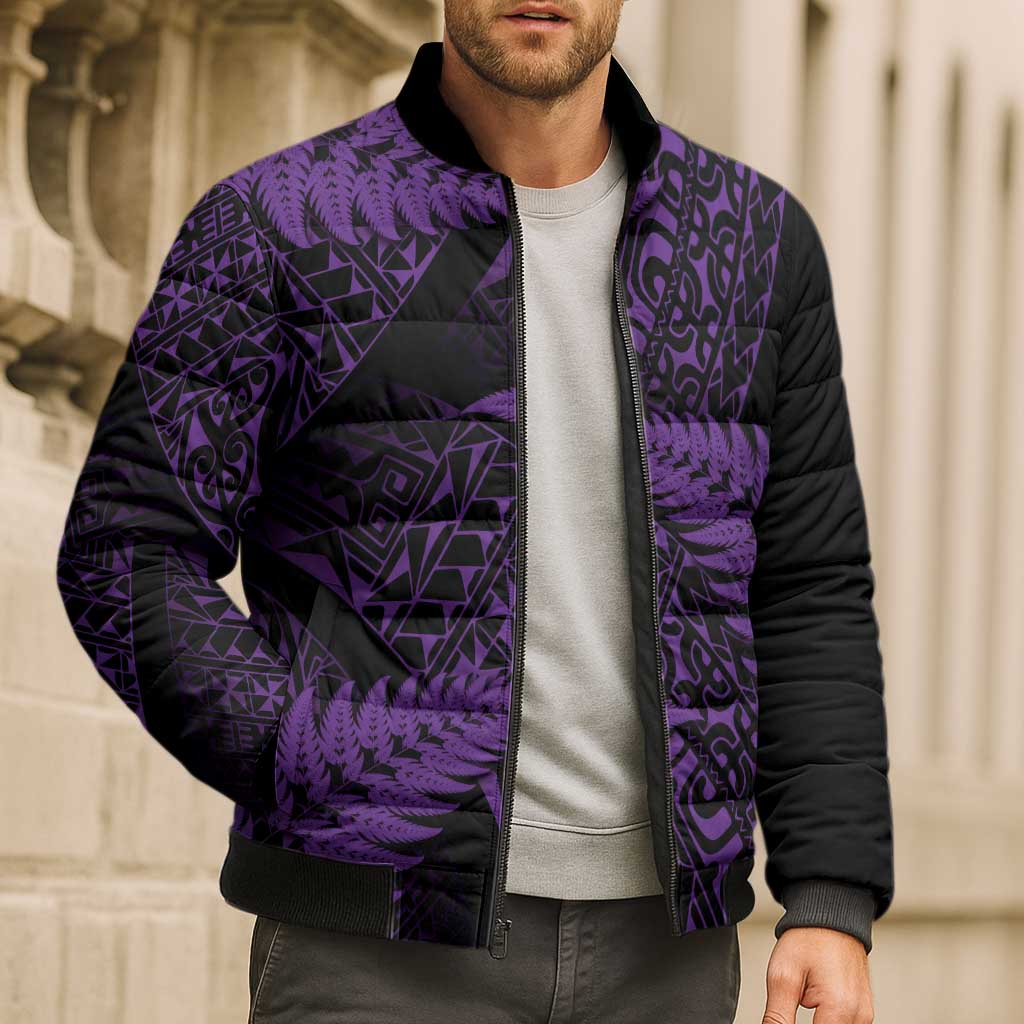New Zealand Rugby Pacific Personalised Bomber Puffer Jacket All Purple Maori Pasifika Fern Pattern - Polynesian Pride