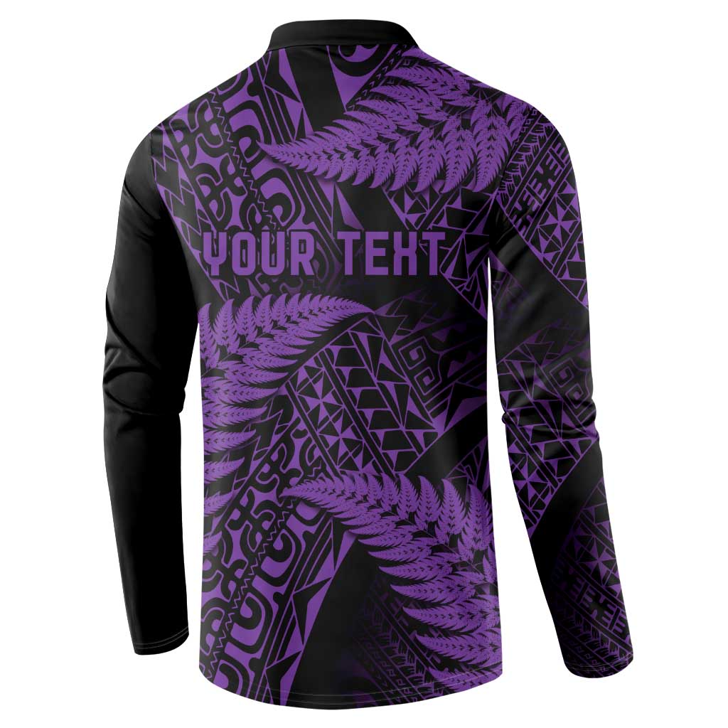 New Zealand Rugby Pacific Personalised Button Sweatshirt All Purple Maori Pasifika Fern Pattern