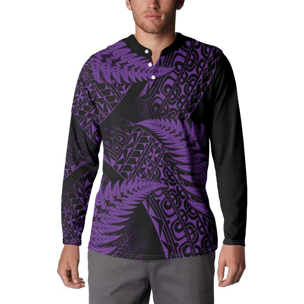 New Zealand Rugby Pacific Personalised Button Sweatshirt All Purple Maori Pasifika Fern Pattern