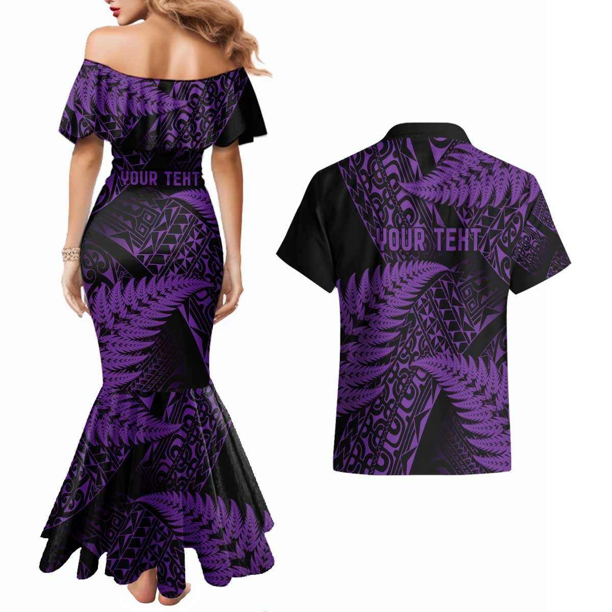 New Zealand Rugby Pacific Personalised Couples Matching Mermaid Dress and Hawaiian Shirt All Purple Maori Pasifika Fern Pattern