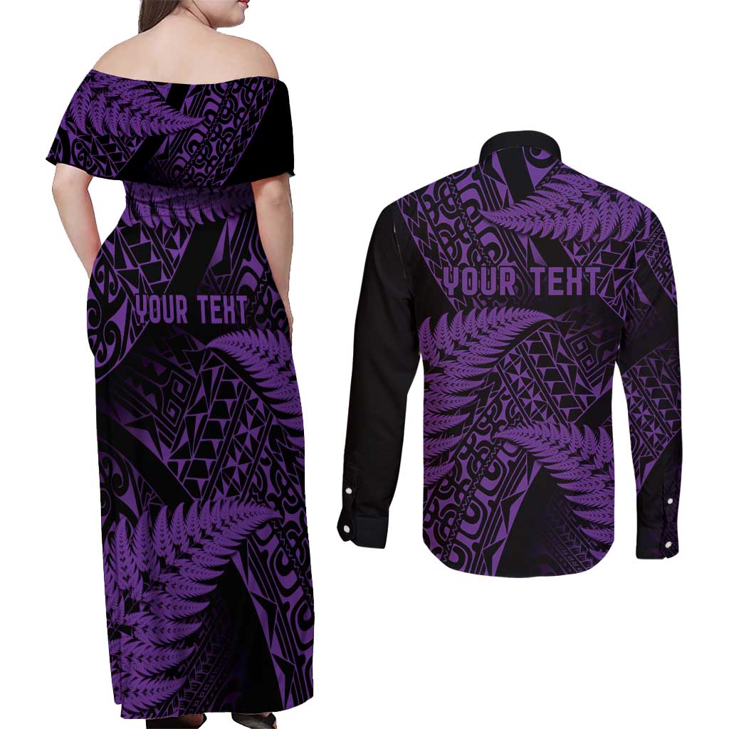 New Zealand Rugby Pacific Personalised Couples Matching Off Shoulder Maxi Dress and Long Sleeve Button Shirt All Purple Maori Pasifika Fern Pattern